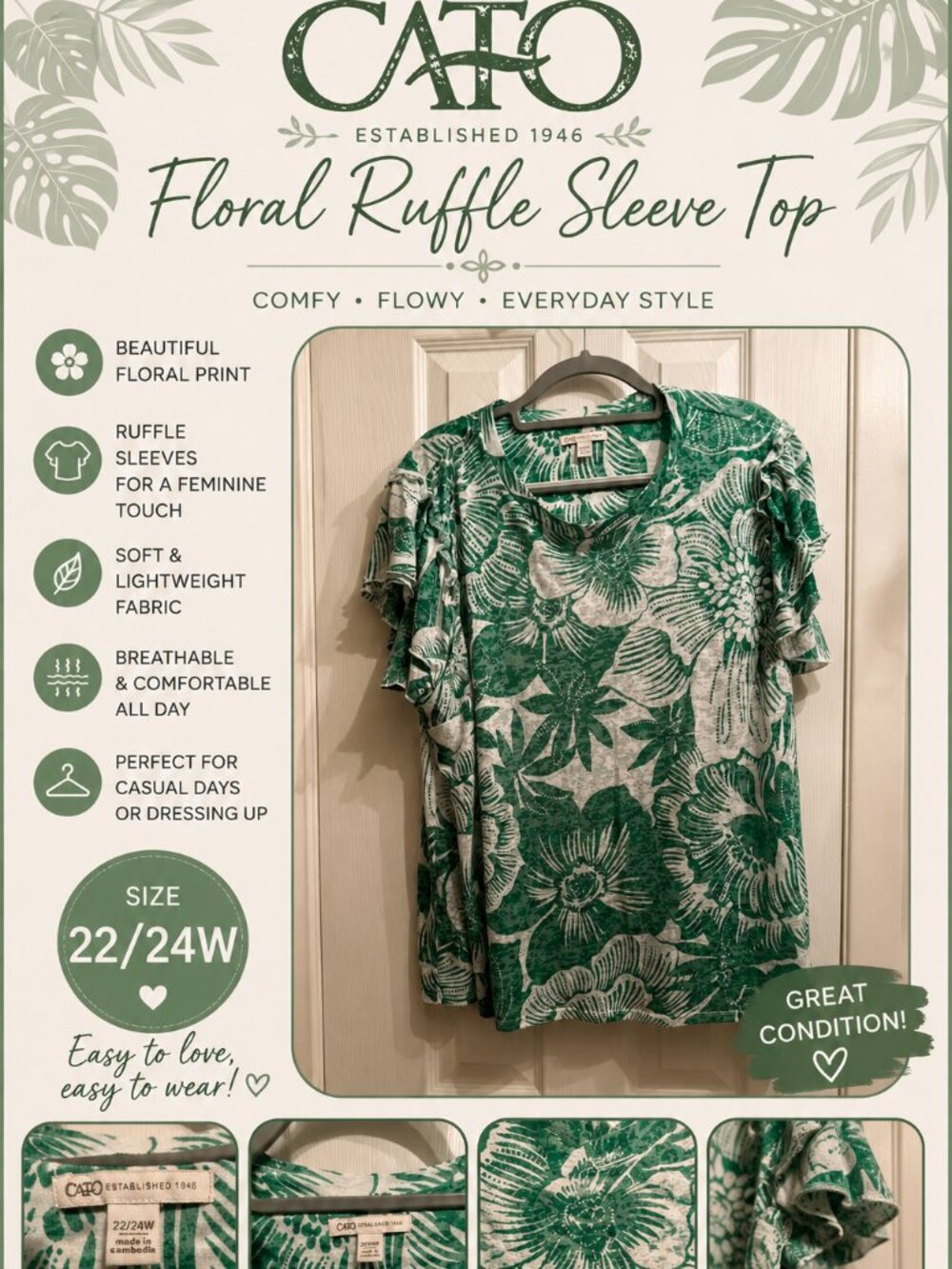 Cato Floral Ruffle Sleeve Top | Women's 22/24W | Green & White | Excellent Condi